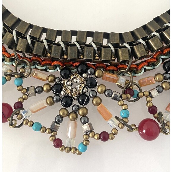 Pam Hiram Chunky Bib Necklace Semi Precious Beads Brass Cube Chain Handcrafted - Picture 6 of 10